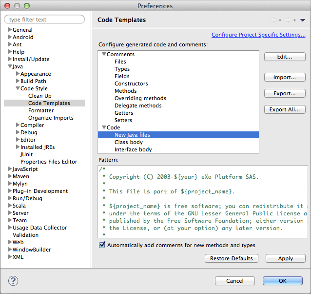 Eclipse Code Style Settings
