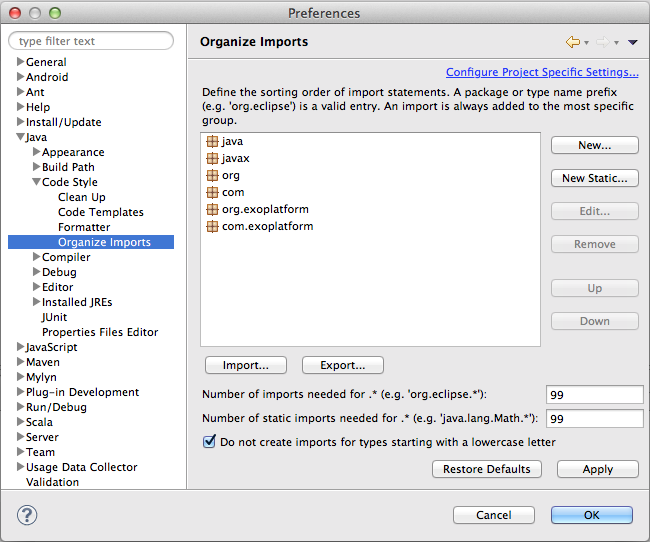 Eclipse Organize Imports Settings
